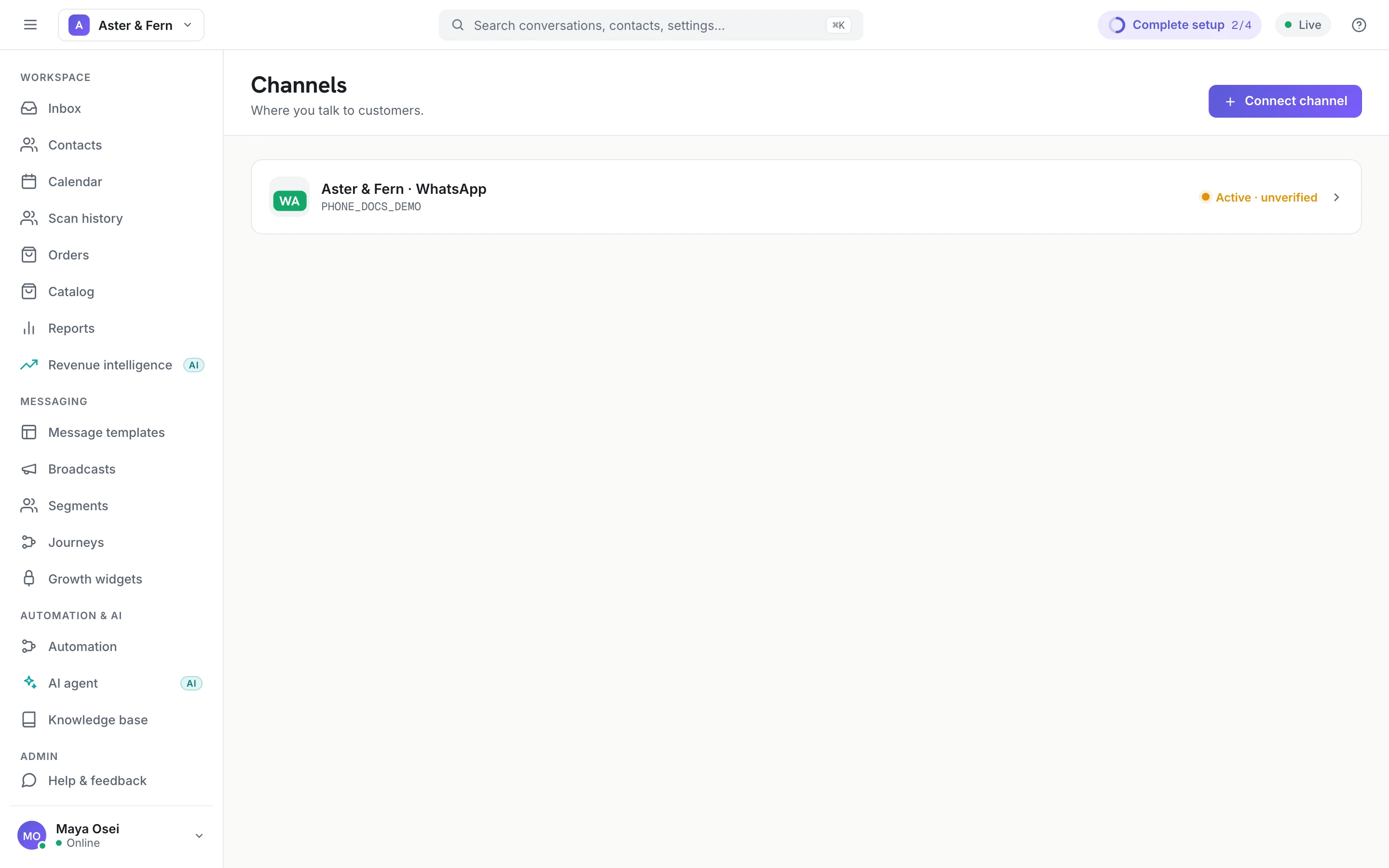 The Channels screen with one connected WhatsApp number