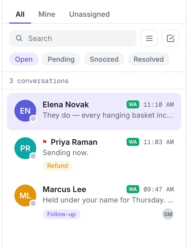 The conversation list filtered to Open, with labels, a priority flag and an owner's initials