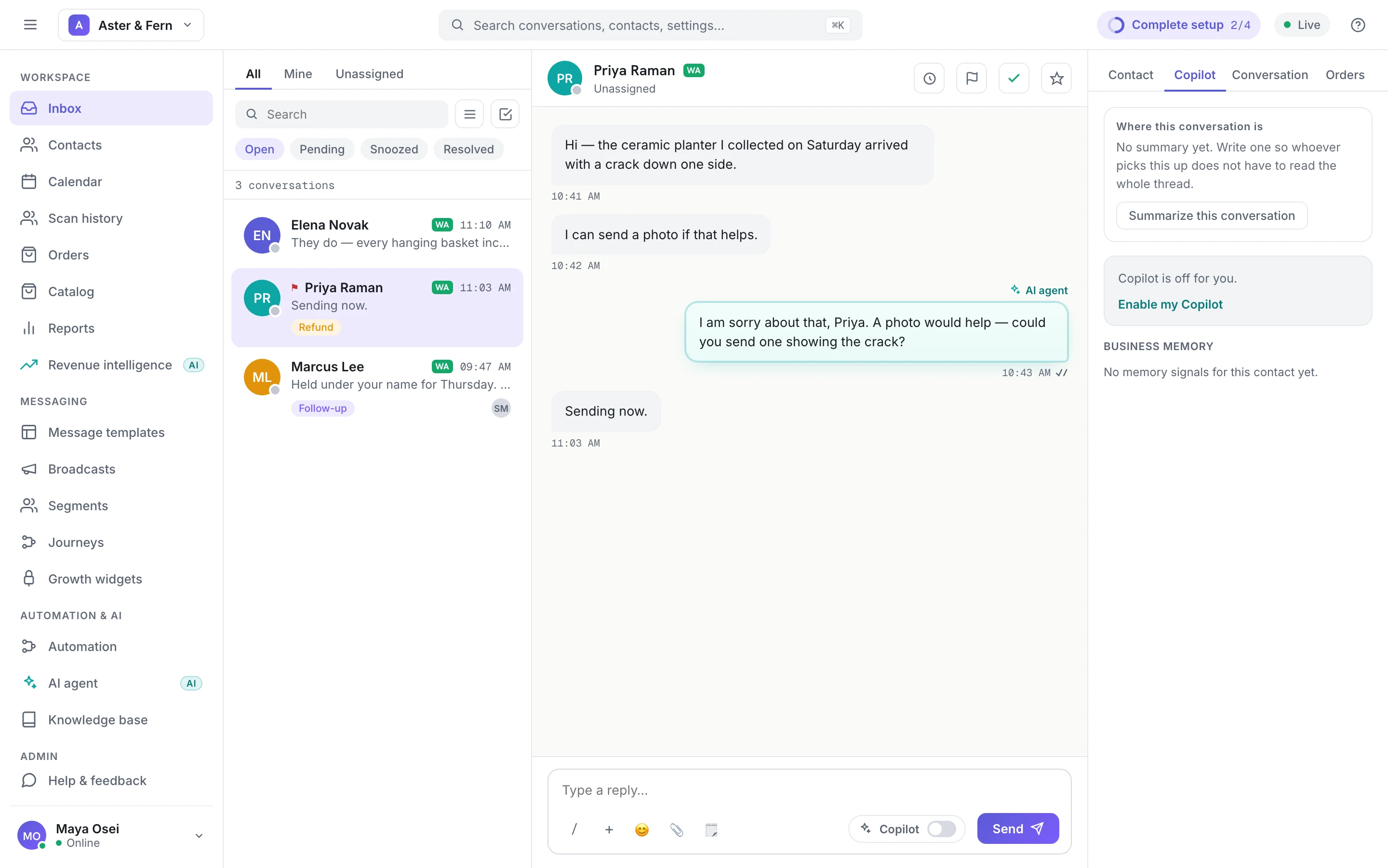 The inbox: conversation list on the left, the thread in the middle, contact and Copilot details on the right