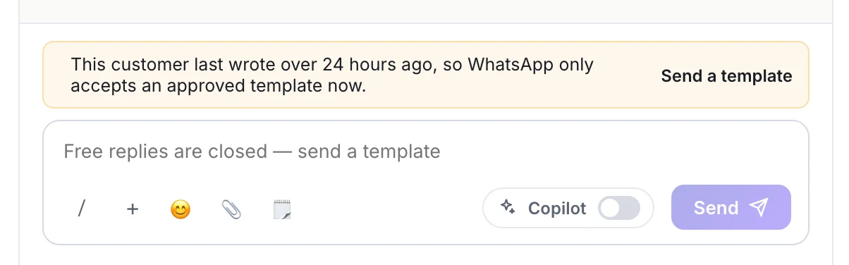 The reply box after the 24-hour window has closed, offering to send a template