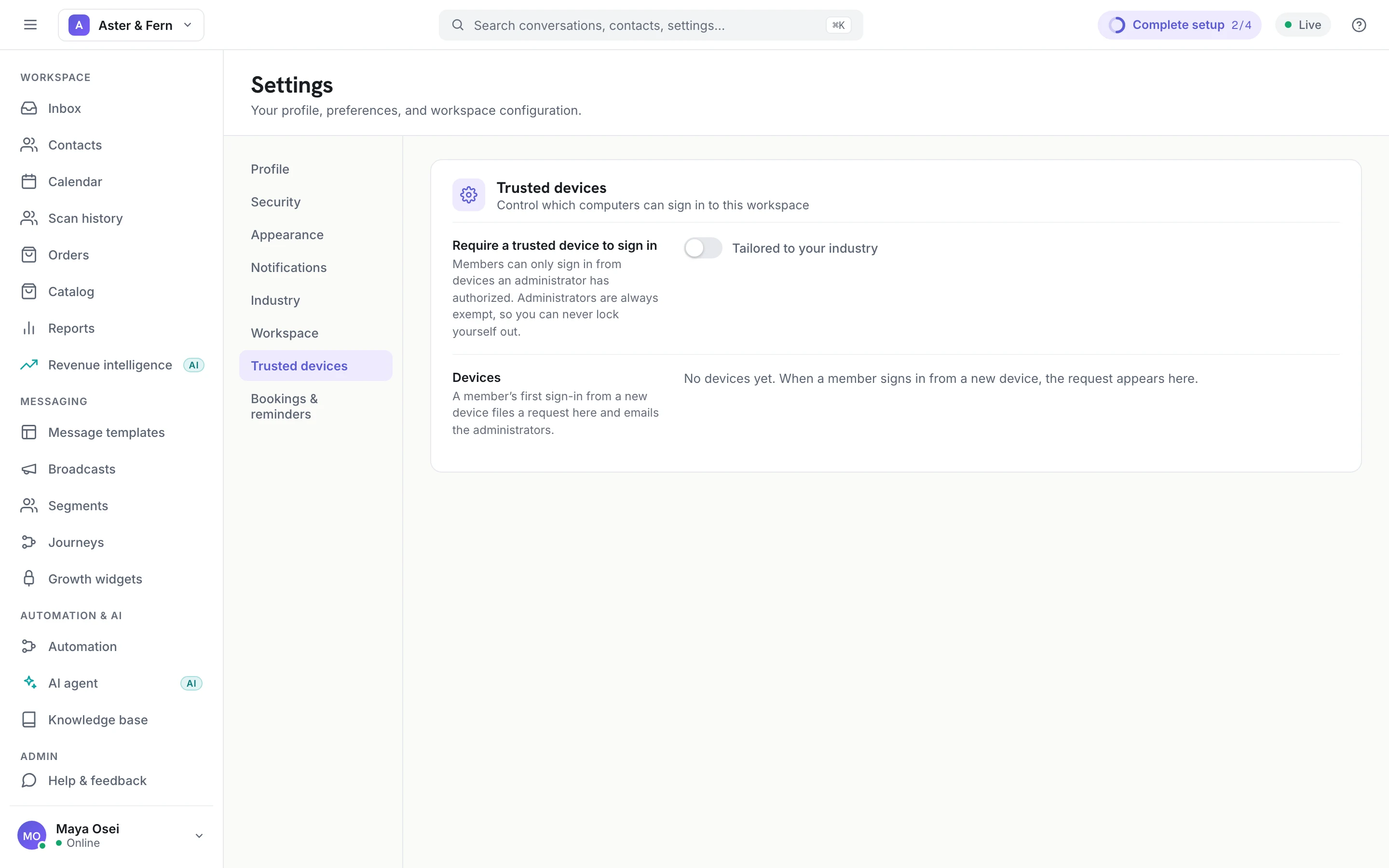 The Trusted devices panel, with the workspace-wide requirement and the list of pending devices