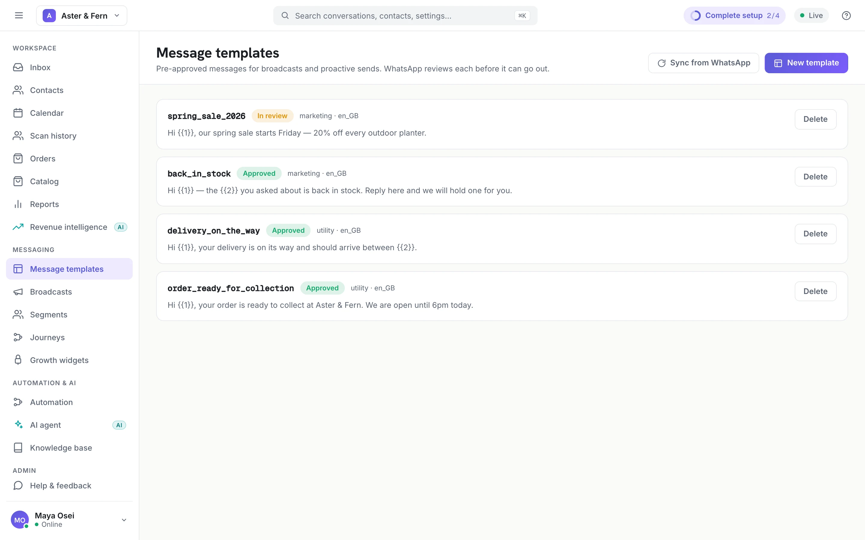 Message templates, each with its category, language and review status